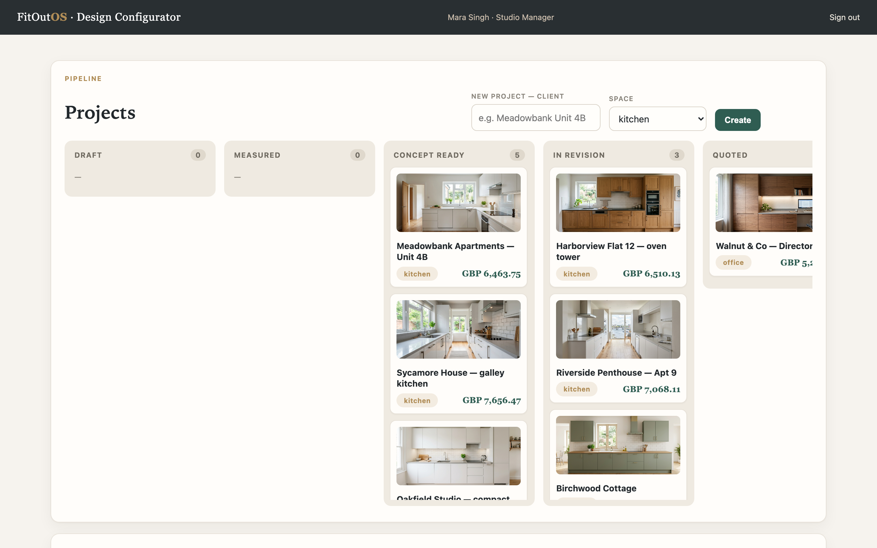 FitOutOS pipeline board showing kitchen and office projects with concept renders and prices