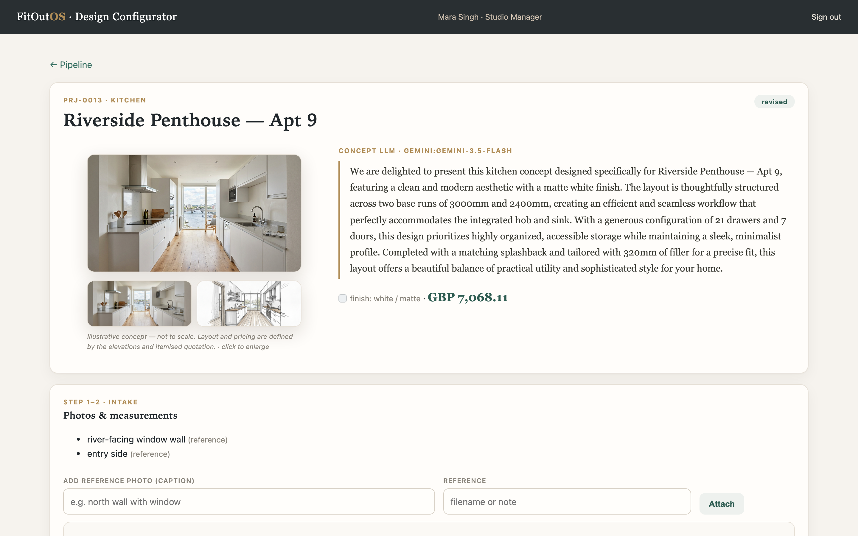 FitOutOS project workspace with AI concept render, sketch and live total