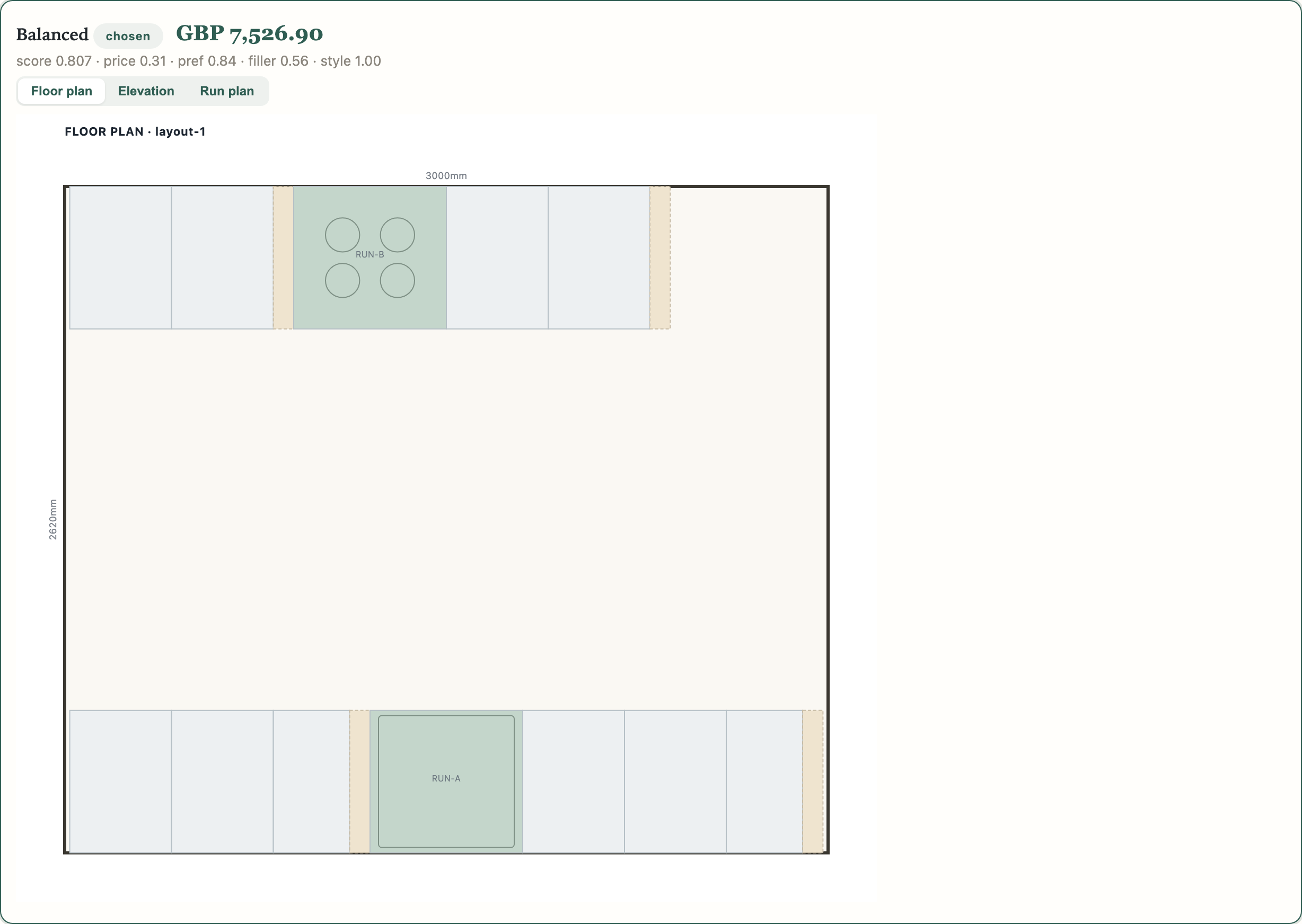 FitOutOS layout option with floor plan, elevation and plan tabs
