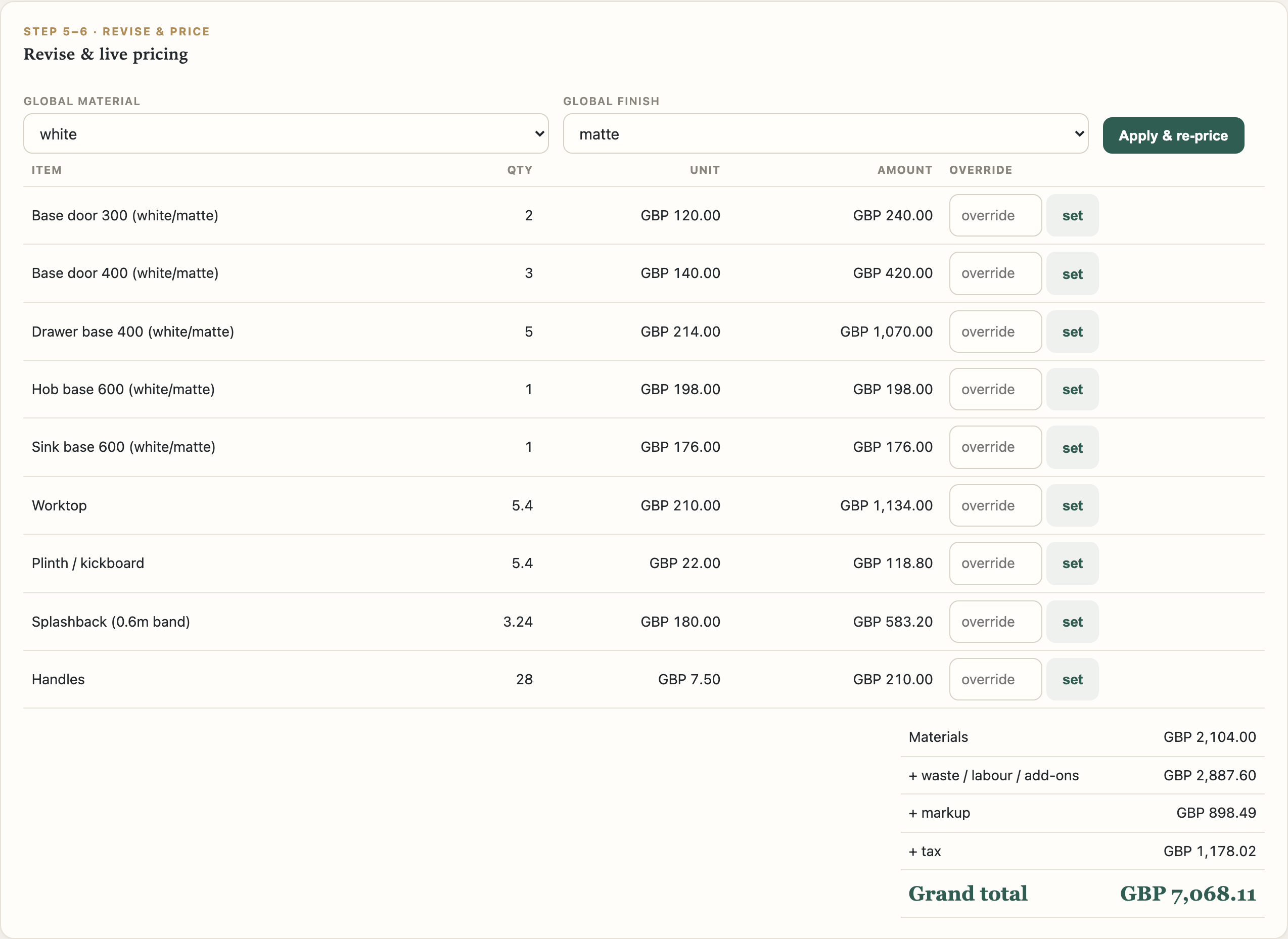 FitOutOS revise and live pricing panel with itemised line items